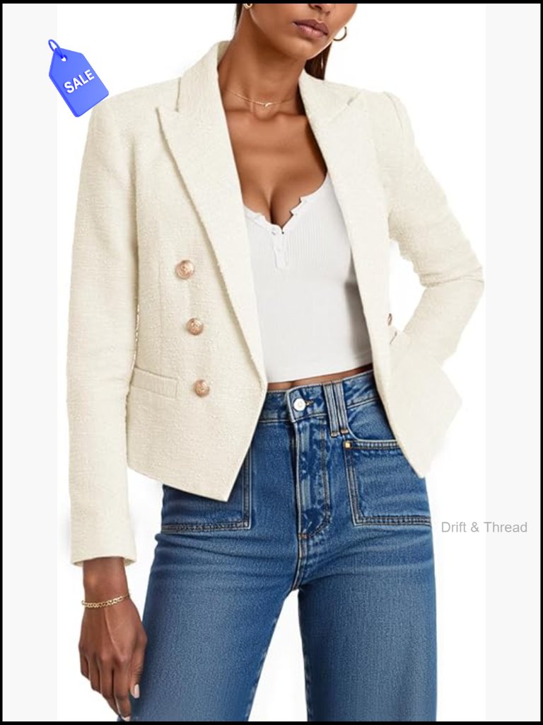 Cropped Tweed Blazer With Pockets, Padded Shoulders, Business Casual